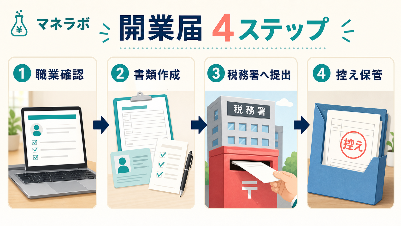 開業届の書き方から提出までの流れ（書類作成→必要書類準備→提出の3ステップ）
