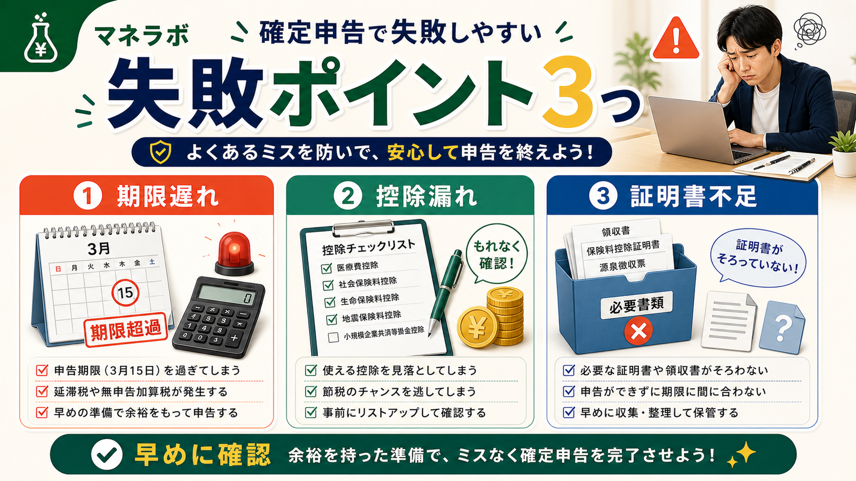 確定申告で失敗しやすい3つのポイントチェックリスト（期限・控除・証明書）