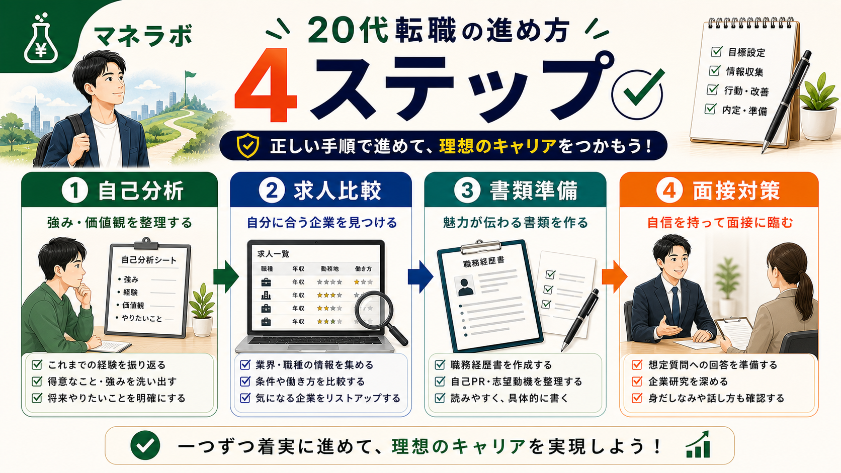 20代の転職成功ステップ：理由の変換・市場価値の把握・在職中に開始