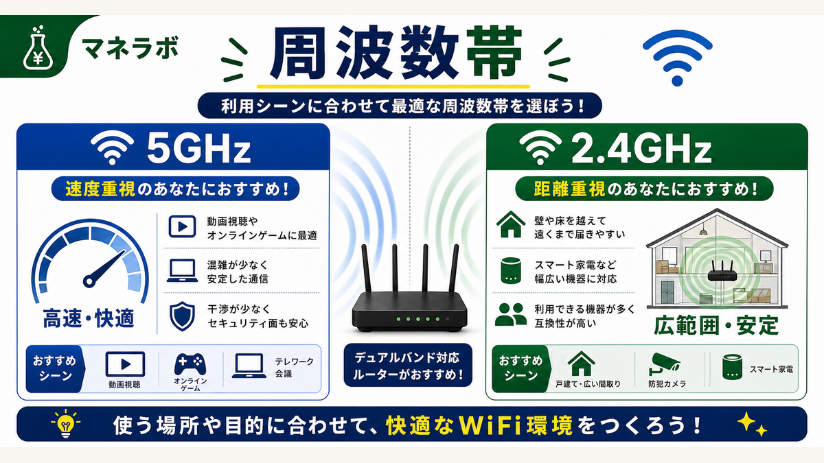WiFi周波数帯の選び方（5GHz帯は速度重視、2.4GHz帯は距離重視）